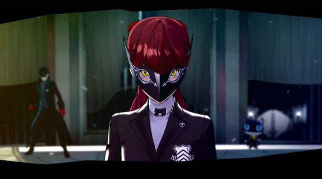 A masked, redheaded figure in what looks to be a fancy school uniform gazes at the viewer.