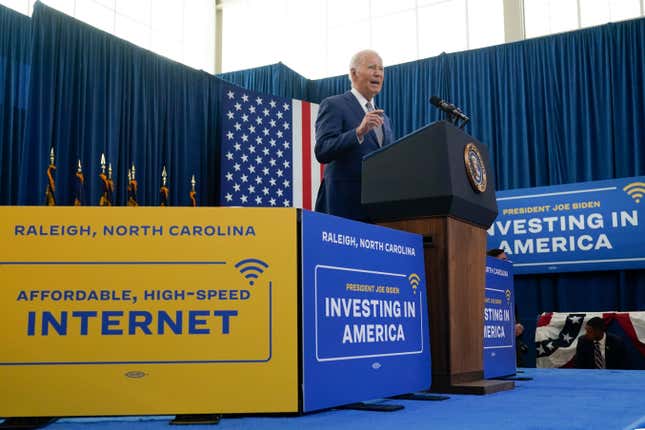 FILE - President Joe Biden speaks in Raleigh, N.C., Jan. 18, 2024. The White House is pressing Congress to extend a subsidy program that helps one in six families afford internet and represents a key element of Biden&#39;s promise to deliver reliable broadband service to every American household. &quot;For President Biden. internet is like water,&quot; said Tom Perez, senior adviser and assistant to the president, on a call with reporters on Monday. &quot;It&#39;s an essential public necessity that should be affordable and accessible to everyone.&quot; (AP Photo/Manuel Balce Ceneta, File)