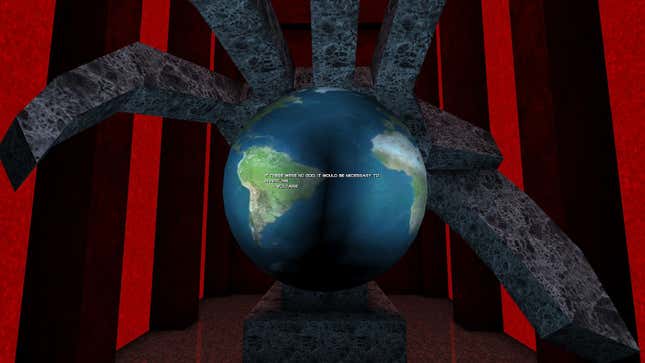 A large stone hand reaching over a globe.