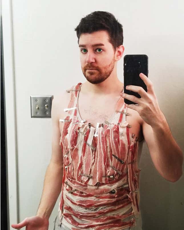 Video gamer in bacon shirt
