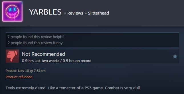 A screenshot shows a Steam user review for Slitterhead.