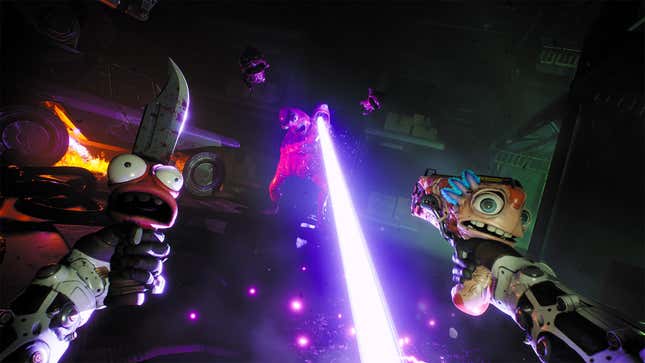 A screenshot shows a gun and a knife screaming near a laser. 