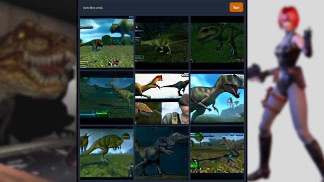 A series of images depicts surrealist AI-generated screenshots of a hypothetical new Dino Crisis game.