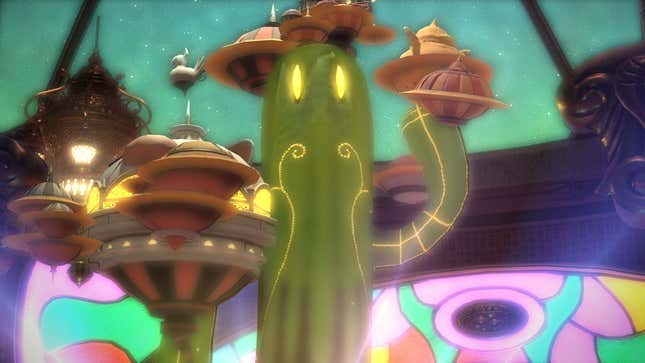 A sentient cactus covered in flying saucers.