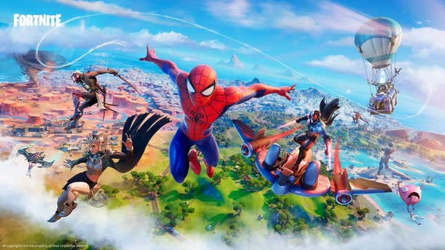Spider-Man and other Fortnite characters above the game's new island in a promo image for Chapter Three. 