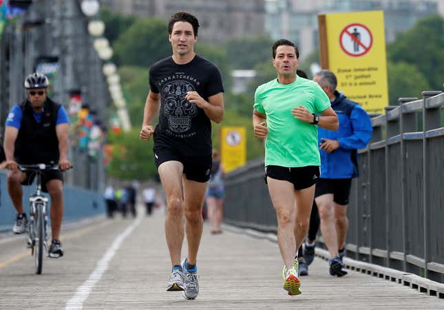 Running with Mexico’s president, Enrique Pena Nieto.