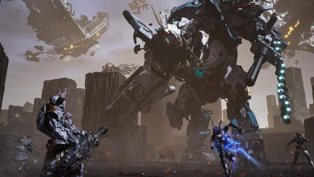 Science fiction warriors fight against a giant robot. 