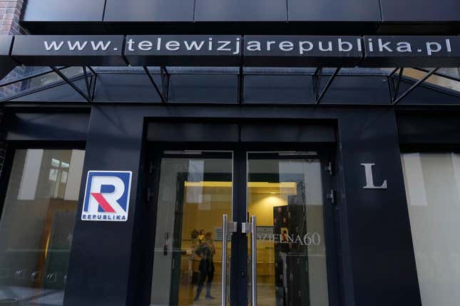 The headquarters of the right-wing television broadcaster TV Republika in Warsaw, Poland, on Friday Jan. 5, 2023. Commentators who joked during the station&#39;s on air programming that migrants should be sent to Auschwitz or be tattooed or microchipped like dogs have prompted widespread outrage, including an investigation by prosecutors and companies pulling ads from the broadcaster. (AP Photo/Czarek Sokolowski)