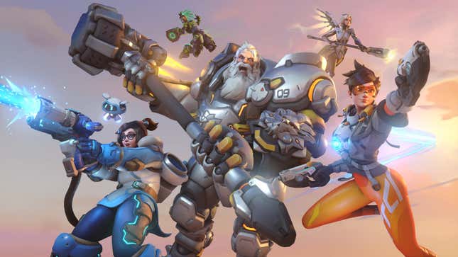 A promotional image of a number of Overwatch 2 heroes, inlcuding Mei, Lucio, Reinhardt, Mercy, and Tracer.