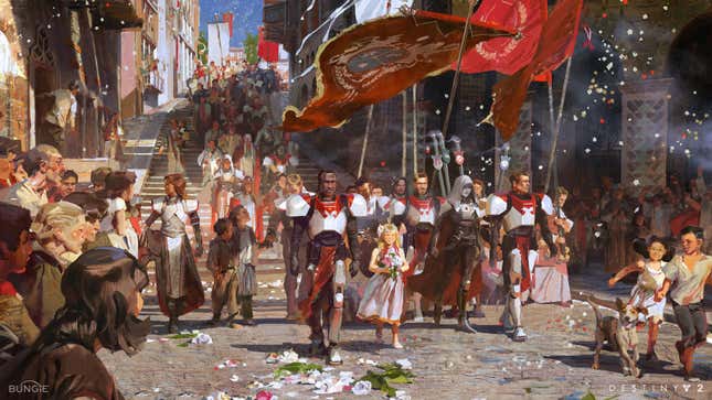 Destiny 2 concept art that shows people parading down the streets of the Last City. 