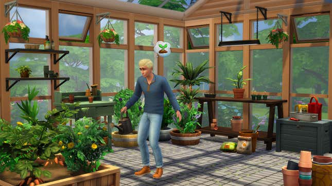 A Sim standing in a greenhouse in The Sims 4