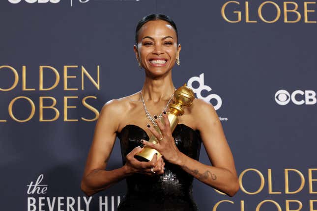 Zoe Saldana poses in the press room during the 82nd Annual Golden Globe Awards at The Beverly Hilton on January 05, 2025 in Beverly Hills, California.