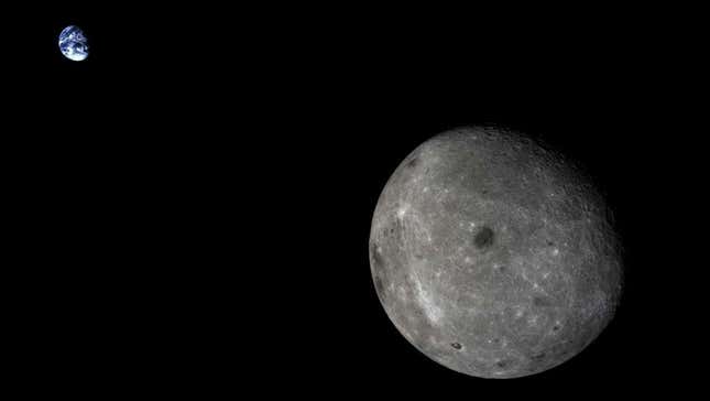 A view of the far side of the Moon, with Earth in the background, that was captured by China’s Chang’e 5-T1 mission.