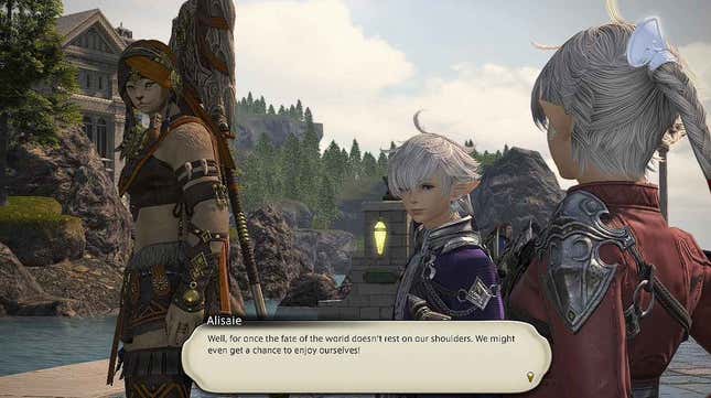 Alisaie, Alphinaud, and Wuk Lumat talk using dialogue boxes