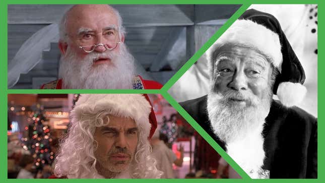 Clockwise from bottom left: Billy Bob Thornton in Bad Santa (Miramax), Ed Asner in Elf (New Line Cinema), and Edmund Gwenn in Miracle On 34th Street (20th Century Flox)