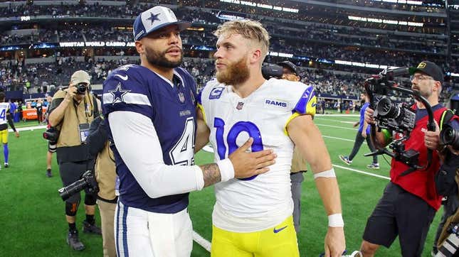 Dak Prescott and Cooper Kupp meet at midfield after the Cowboys’ 42-10 win over the Rams.