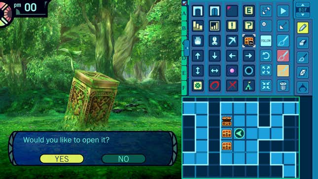 The left side of the image depicts a chest stuck in the ground of a forest. The right side of the screen depicts a map alongside a list of small icons. The text “Would you like to open it?” is visible in a text box.