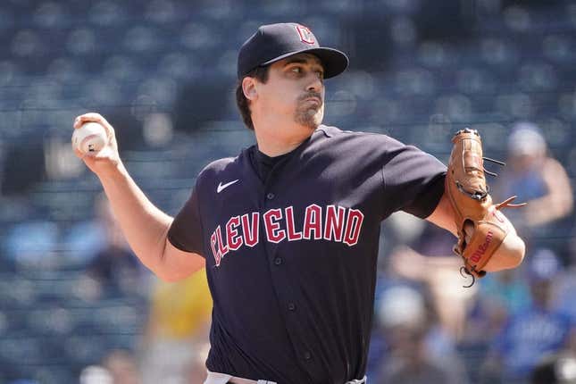 Sep 18, 2023; Kansas City, Missouri, USA; Cleveland Guardians starting pitcher Cal Quantrill (47) delivers against the Kansas City Royals in the first inning at Kauffman Stadium.