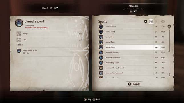 Información del hechizo Espada Atada en Oblivion Remastered.