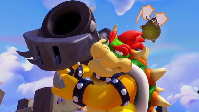 Bowser stands tall while carrying a large cannon on his shoulder. 