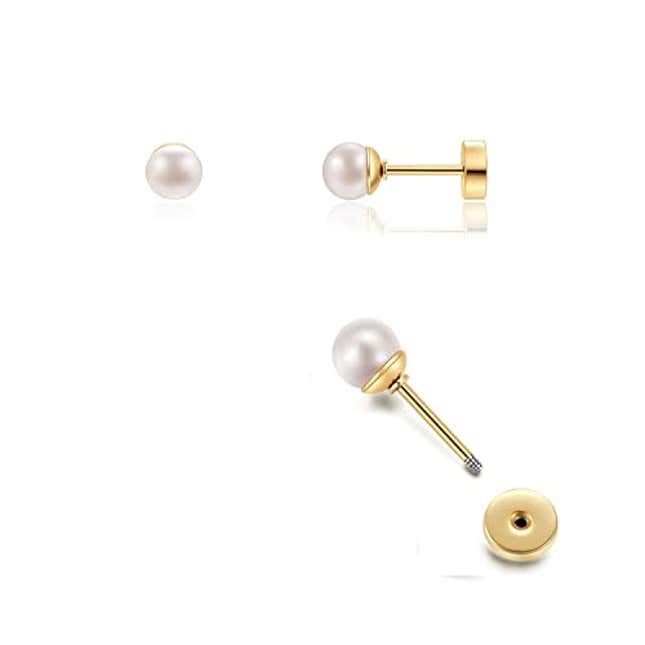 14K Gold Screw Back Pearl Stud Earrings for Women, Now 20% Off