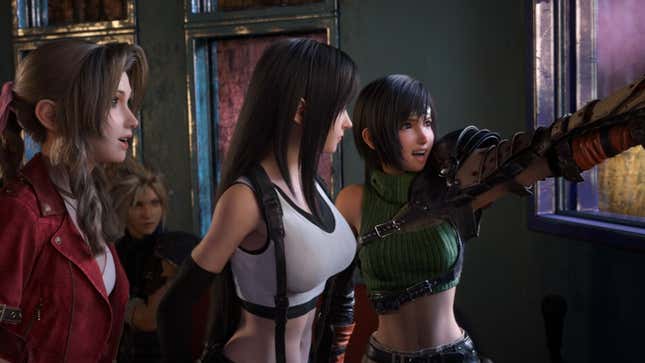 A screenshot of the cast of Final Fantasy 7 Rebirth (including Aerith, Cloud, Tifa, and Yuffie) looking wondrously out a window.