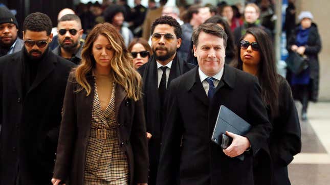  Flanked by attorneys and supporters, actor Jussie Smollett (C) arrives at the Leighton Criminal Courthouse on February 24, 2020 in Chicago, Illinois.