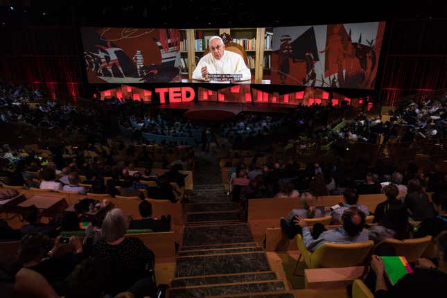 Pope Francis speaks at TED2017 – The Future You, April 24-28, 2017, Vancouver, BC, Canada. Photo: Ryan Lash / TED