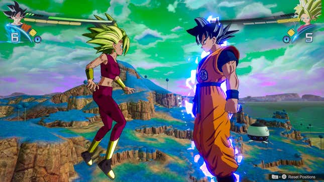 Ultra Instinct Goku stares down Kefla in her Super Saiyan 2 form.