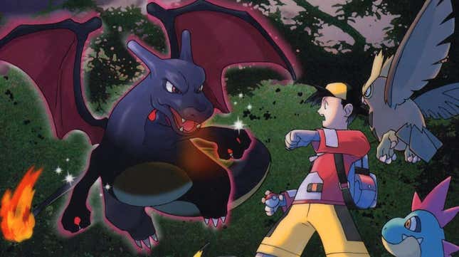A trainer, Noctowl, and Croconaw face a Shiny Charizard.
