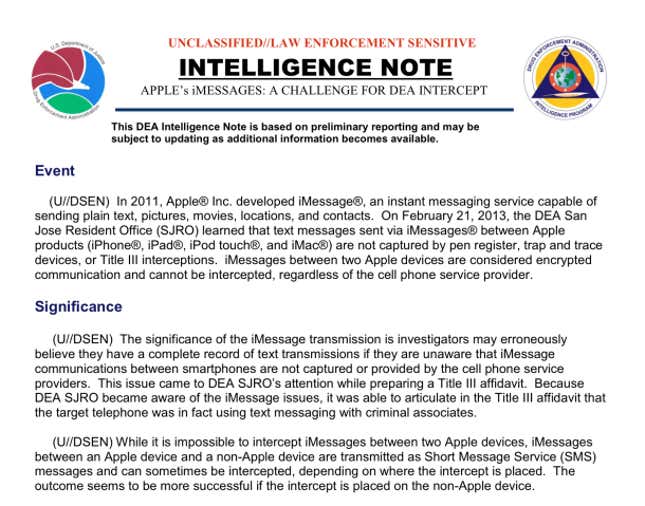 An intelligence note from US Drug Enforcement Administration warns that iMessage is impossible to intercept.