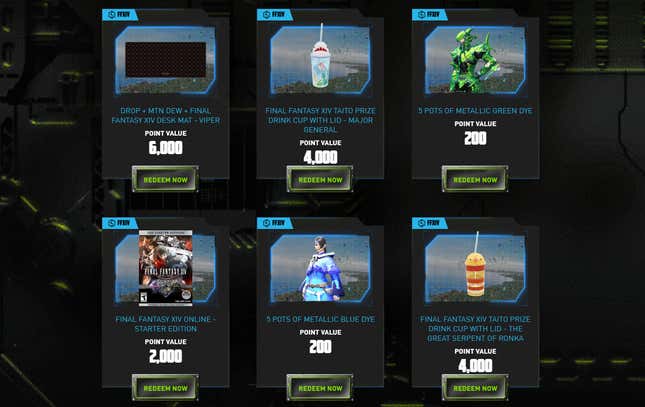 A screenshot shows some of the various FF14 x Mountain Dew rewards. 