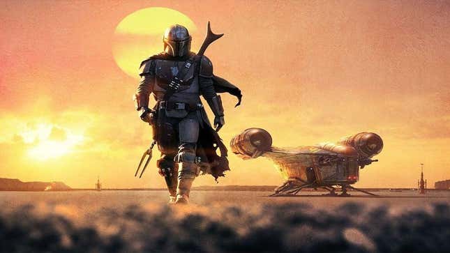 The mandalorian walks towards camera with bright sun in the background