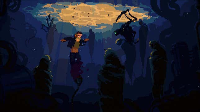Mick is underwater, surrounded by scary-looking creatures.