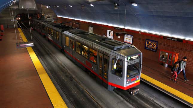 An inbound Muni Metro train enters the tunnel from the West Portal station, where spotty cellular service begins, in San Francisco, Calif. on Monday, Feb. 18, 2013.