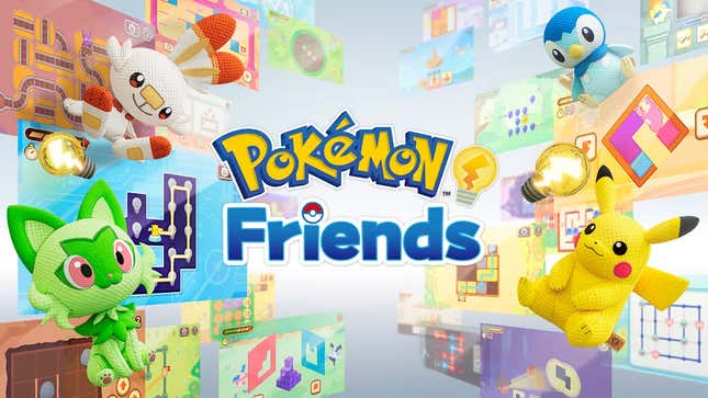 The Pokemon Friends logo surrounded by images of different puzzles, a Pikachu, Sprigatito, Piplup, and Scorbunny plush.