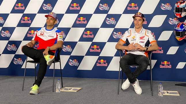 Repsol Honda rider Marc Márquez sits to the right of Pramac Ducati’s Jorge Martín during the Thursday press conference ahead of Sunday’s MotoGP Grand Prix of the Americas.