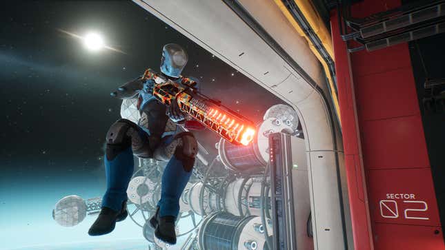 A soldier aims a rifle in a space station in Splitgate.