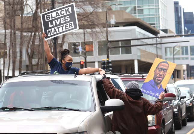 MINNEAPOLIS, MINNESOTA - APRIL 20: People react after the verdict was read in the Derek Chauvin trial on April 20, 2021 In Minneapolis, Minnesota. Former police officer Derek Chauvin was on trial on second-degree murder, third-degree murder and second-degree manslaughter charges in the death of George Floyd May 25, 2020. After video was released of then-officer Chauvin kneeling on Floyd’s neck for nine minutes and twenty-nine seconds, protests broke out across the U.S. and around the world. The jury found Chauvin guilty on all three charges. 