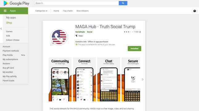 The Google Play Store page for the 'MAGA Hub - Truth Social Trump' app.