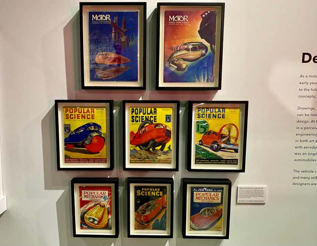 A photo of the vintage magazine covers showing wacky concept cars from the '40s