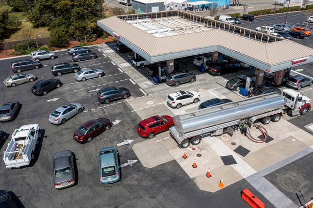 Vehicles in line at a Costco gas station in Richmond, California, U.S., on Tuesday, March 29, 2022. 