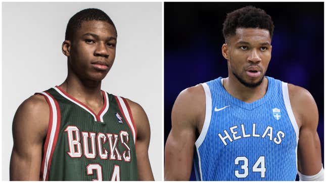 Giannis Antetokounmpo en 2013 ; Giannia Antetokounmpo en 2024.