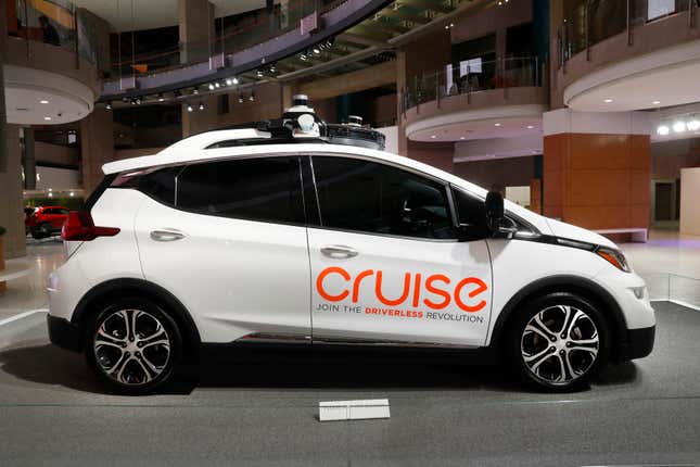 FILE - Cruise AV, General Motor&#39;s autonomous electric Bolt EV, is seen on Jan. 16, 2019, in Detroit. General Motors’ Cruise subsidiary will be restarting its manual driving to create maps and gather road information in select cities as the robotaxi service looks to resume driverless operations. Cruise said Tuesday, April 9, 2024 that the resumption of human-driven vehicles to create maps and gather road information will begin in Phoenix, where it has a large number of workers. (AP Photo/Paul Sancya, File)