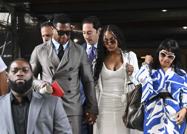 Jonathan Majors leaves Manhattan Criminal Court after his trial which begins on assault charges, in New York, United States on August 03, 2023.