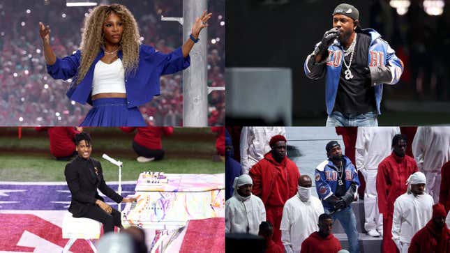 Image for article titled The Messy Story Behind Serena Williams Crip Walking At The Super Bowl, The Symbolism Of Kendrick Lamar’s Halftime Show Performance, Jon Batiste’s Emotional Super Bowl Tribute To His Wife, Spike Lee Explains Kendrick Lamar’s ‘40 Acres and a Mule’ Line And More