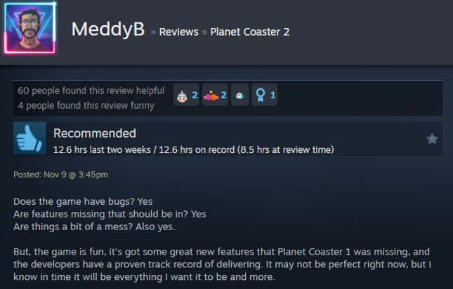 A screenshot shows a Steam user review of Planet Coaster 2.