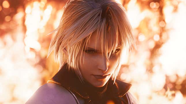 A young Sephiroth stands in front of a fire.