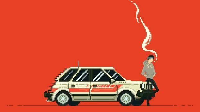 A pixelated man leans on a car while smoking a cigarette 