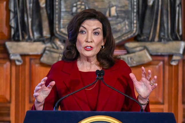 FILE - New York Gov. Kathy Hochul speaks at the state Capitol, Feb. 1, 2023, in Albany, N.Y. On Saturday, Dec. 23, New York&#39;s governor vetoed a bill that would have banned noncompete agreements, which restrict workers&#39; ability to leave their job for a role with a rival business. (AP Photo/Hans Pennink, File)